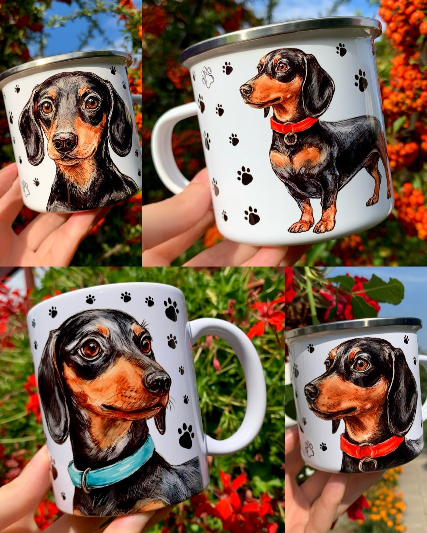 Egyedi tacskós bögre, kézzel rajzolt tacskó mintákkal. Prémium minőségű kutyás ajándék, magyar műhelyben készítve.