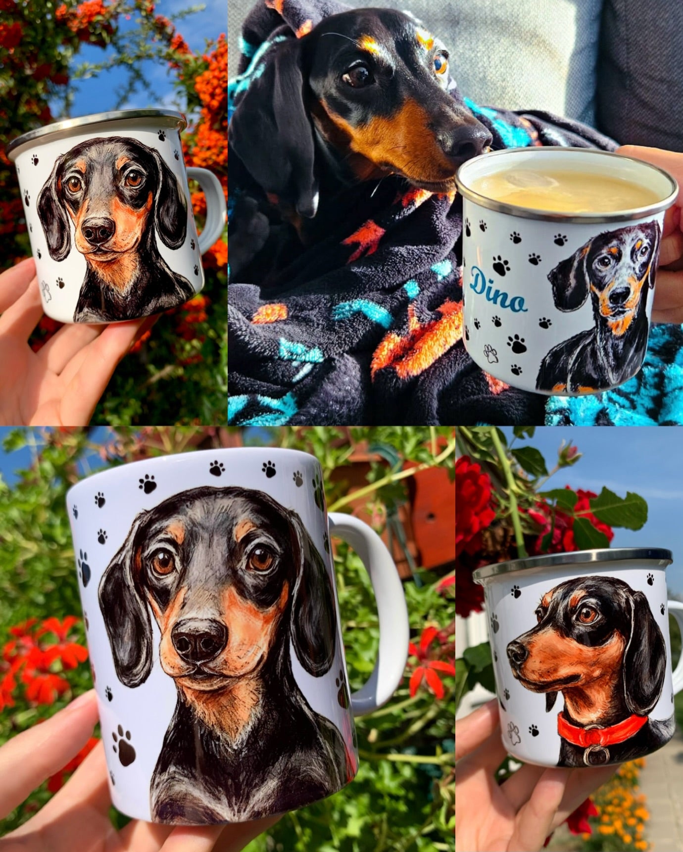 gyönyörű tacskós bögre, egyedi kutyás mintákkal. Szuper ajándék gazdiknak és kutyabarátoknak.