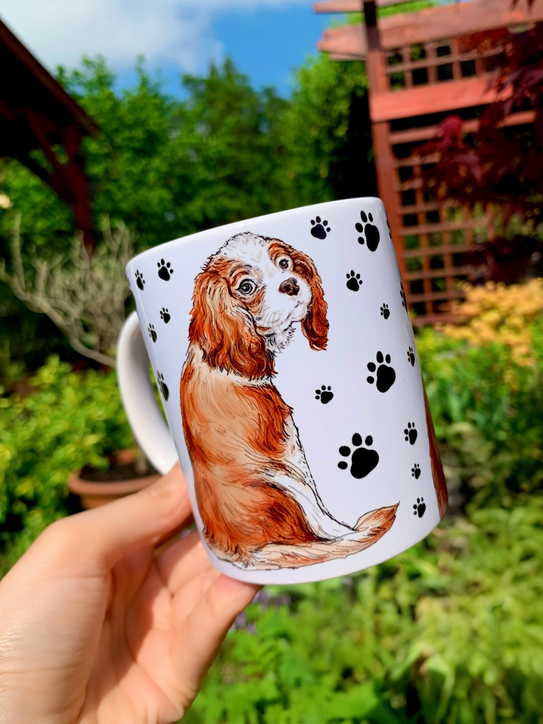 Cavalier spániel kerámia bögre részletgazdag kézi akvarell festéssel