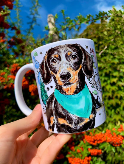 Black and Tan Dachshund mug - Kiránduló Cser Tacskó bögre - Választható Rózsaszín & Zöld Kendő Szín