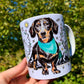 Black and Tan Dachshund mug - Kiránduló Cser Tacskó bögre - Választható Rózsaszín & Zöld Kendő Szín