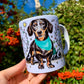 Black and Tan Dachshund mug - Kiránduló Cser Tacskó bögre - Választható Rózsaszín & Zöld Kendő Szín