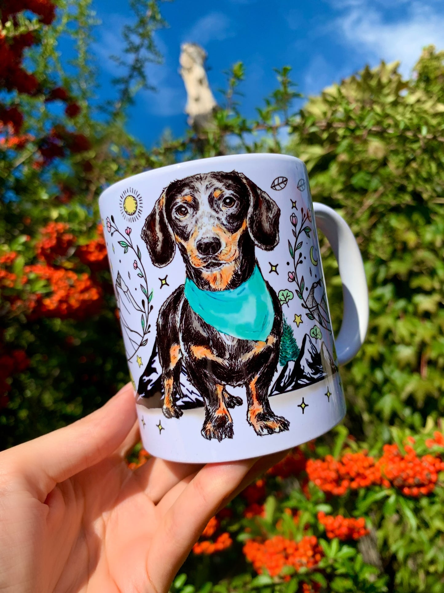 Black and Tan Dachshund mug - Kiránduló Cser Tacskó bögre - Választható Rózsaszín & Zöld Kendő Szín