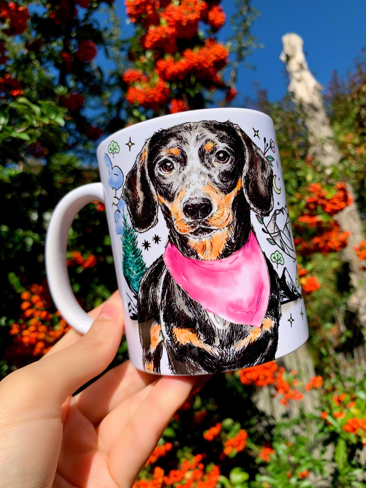 Black and Tan Dachshund mug - Kiránduló Cser Tacskó bögre - Választható Rózsaszín & Zöld Kendő Szín