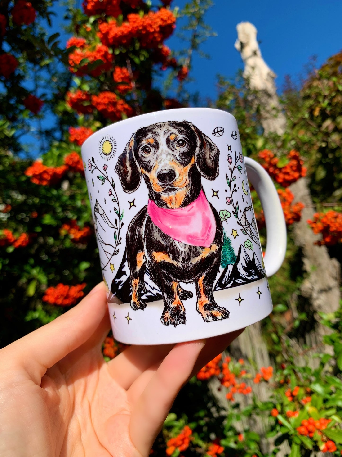 Black and Tan Dachshund mug - Kiránduló Cser Tacskó bögre - Választható Rózsaszín & Zöld Kendő Szín