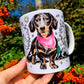 Black and Tan Dachshund mug - Kiránduló Cser Tacskó bögre - Választható Rózsaszín & Zöld Kendő Szín