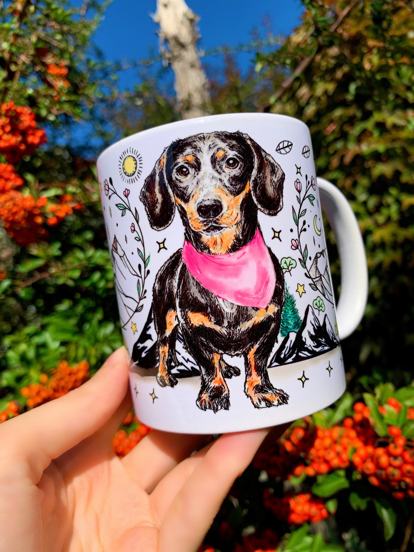 Black and Tan Dachshund mug - Kiránduló Cser Tacskó bögre - Választható Rózsaszín & Zöld Kendő Szín