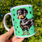 Black and Tan Dachshund mug - Cser Tacskó bögre - Álló Tacskóval - Kék - Rózsaszín - Zöld minta - Kerámia