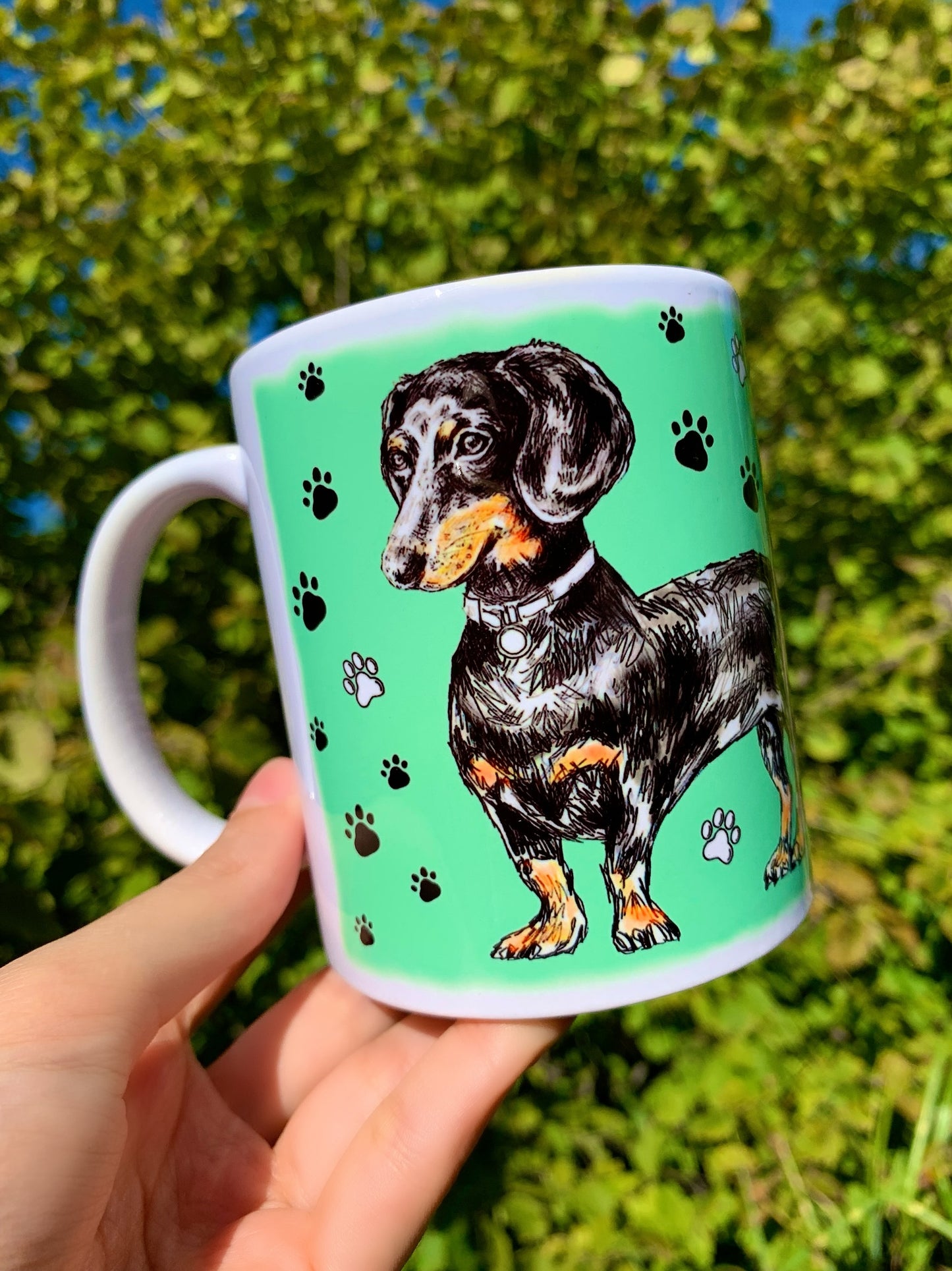 Black and Tan Dachshund mug - Cser Tacskó bögre - Álló Tacskóval - Kék - Rózsaszín - Zöld minta - Kerámia