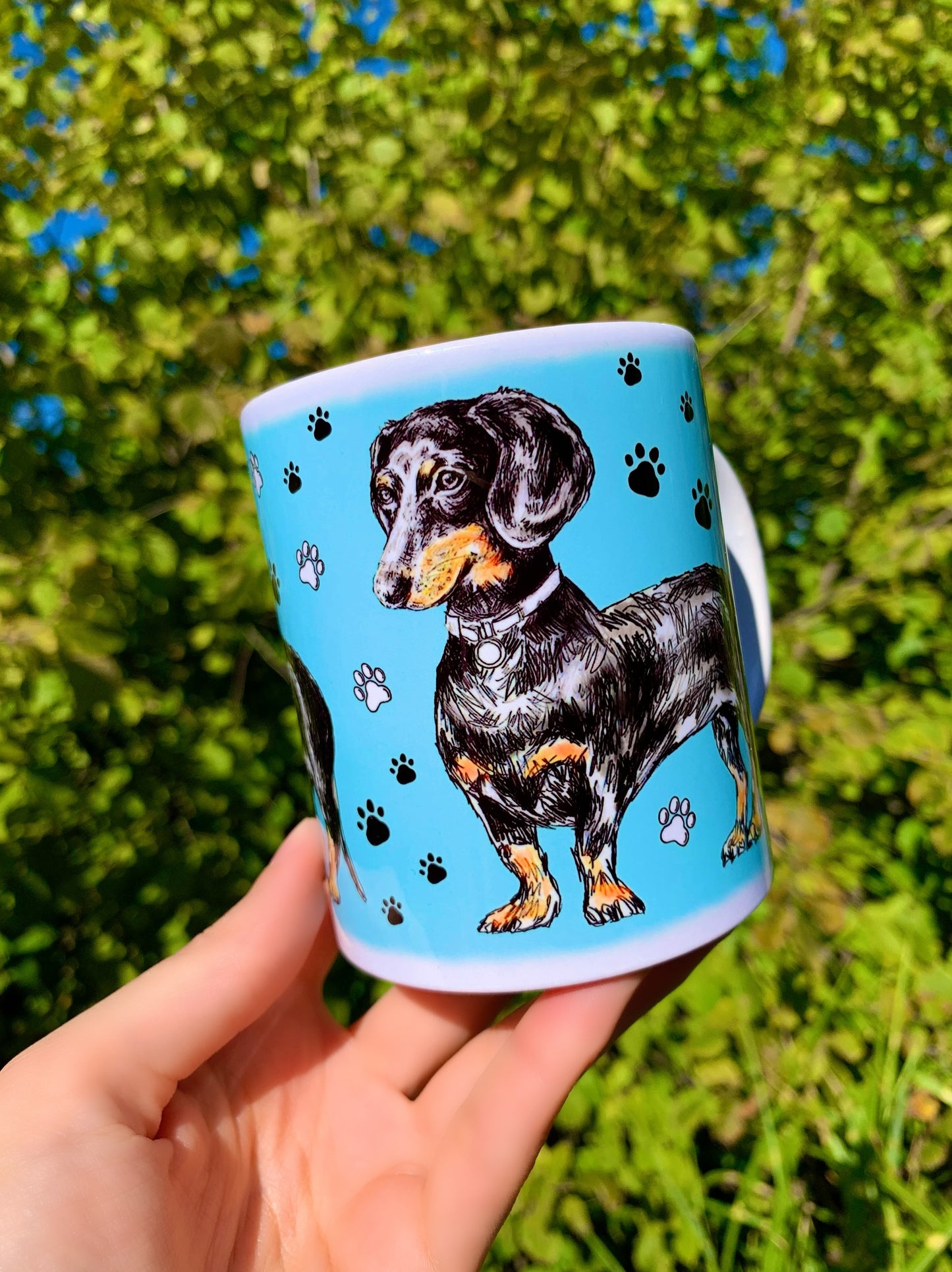 Black and Tan Dachshund mug - Cser Tacskó bögre - Álló Tacskóval - Kék - Rózsaszín - Zöld minta - Kerámia