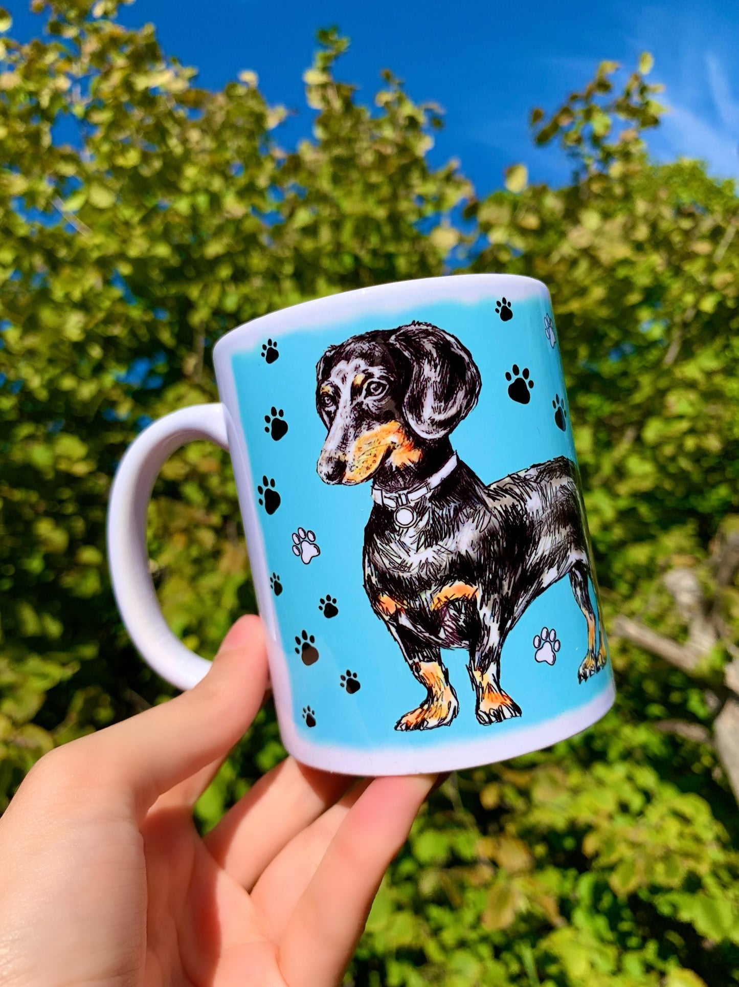 Black and Tan Dachshund mug - Cser Tacskó bögre - Álló Tacskóval - Kék - Rózsaszín - Zöld minta - Kerámia