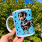 Black and Tan Dachshund mug - Cser Tacskó bögre - Álló Tacskóval - Kék - Rózsaszín - Zöld minta - Kerámia