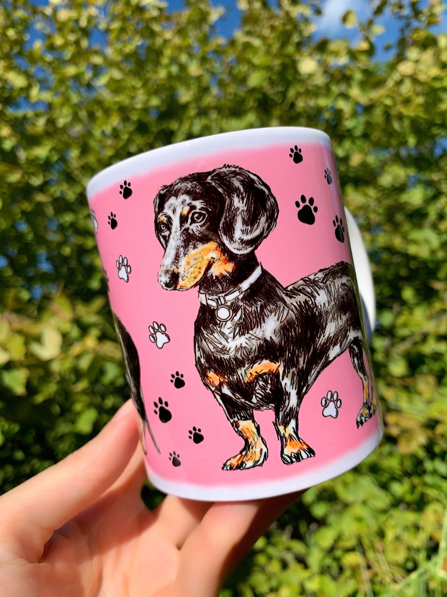 Black and Tan Dachshund mug - Cser Tacskó bögre - Álló Tacskóval - Kék - Rózsaszín - Zöld minta - Kerámia