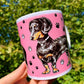 Black and Tan Dachshund mug - Cser Tacskó bögre - Álló Tacskóval - Kék - Rózsaszín - Zöld minta - Kerámia