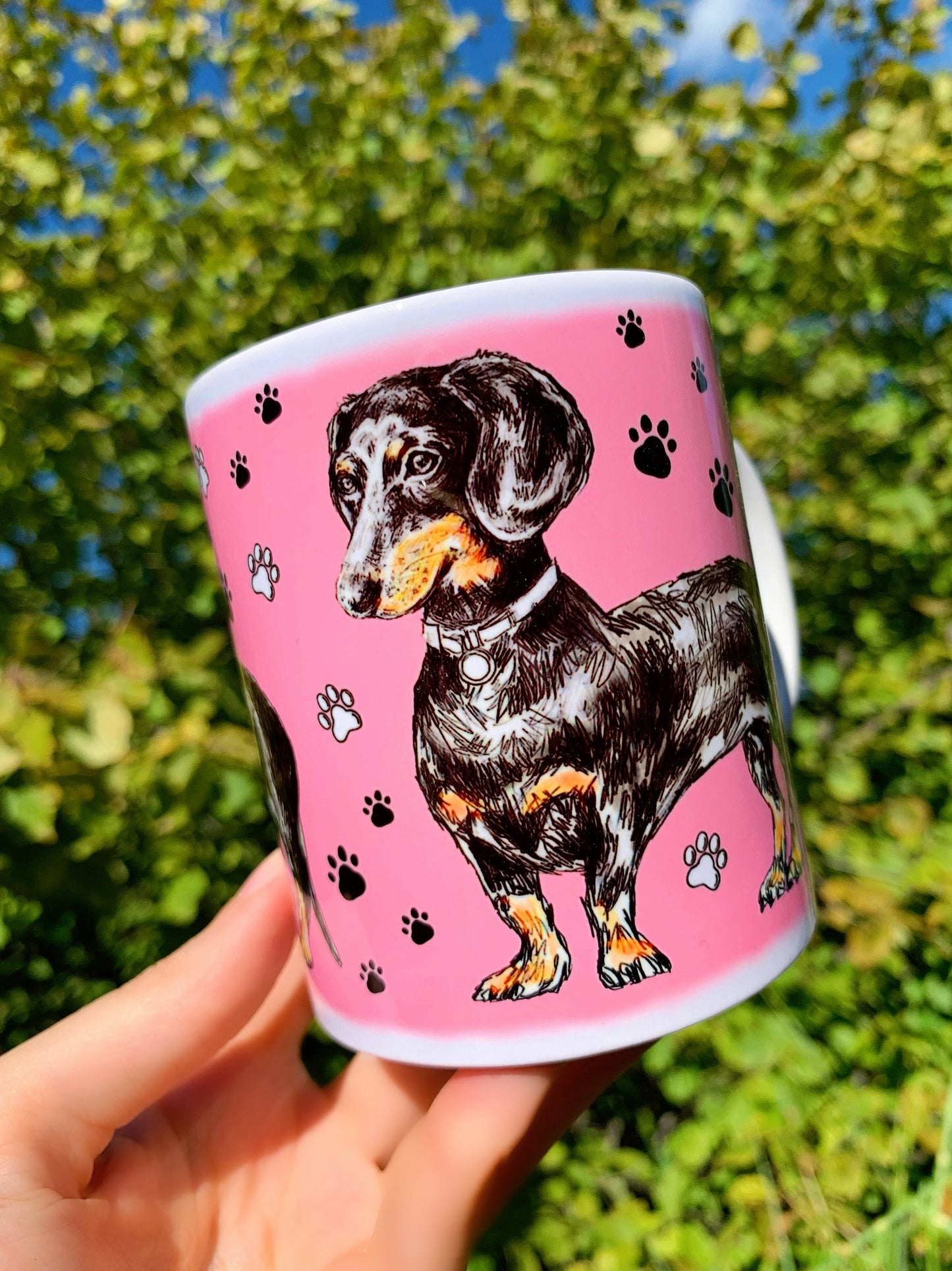 Black and Tan Dachshund mug - Cser Tacskó bögre - Álló Tacskóval - Kék - Rózsaszín - Zöld minta - Kerámia