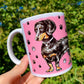 Black and Tan Dachshund mug - Cser Tacskó bögre - Álló Tacskóval - Kék - Rózsaszín - Zöld minta - Kerámia