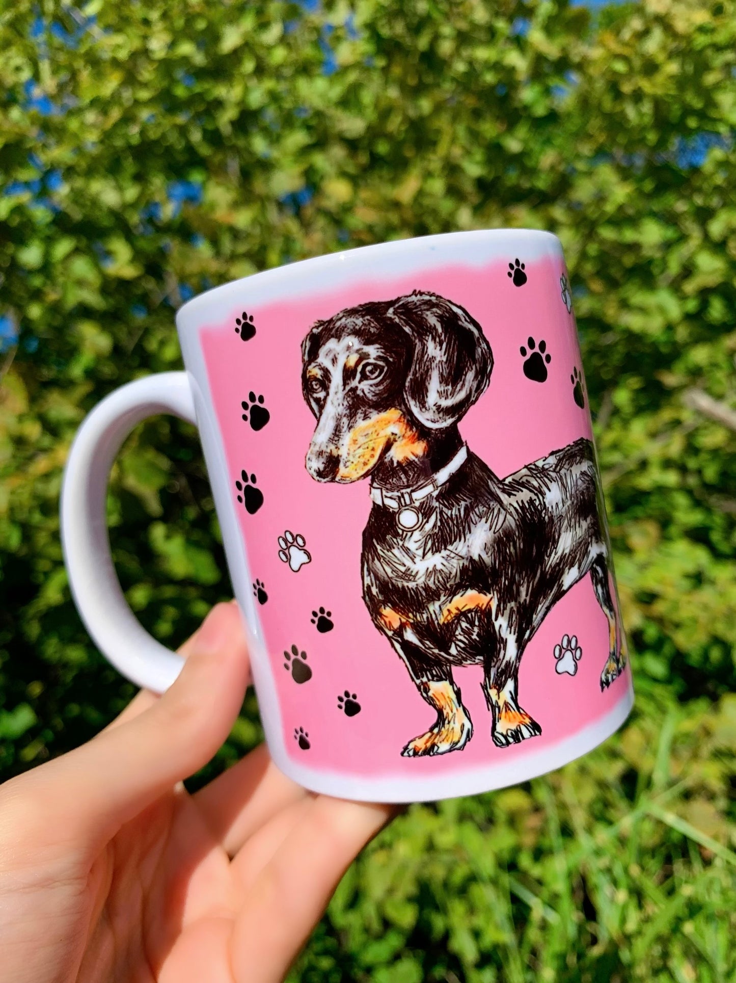 Black and Tan Dachshund mug - Cser Tacskó bögre - Álló Tacskóval - Kék - Rózsaszín - Zöld minta - Kerámia