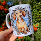 Red Dachshund mug - Mazsola Barna Tacskó bögre - Gyümölcsös háttérrel