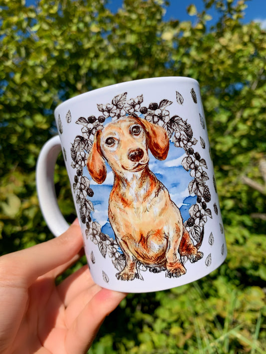 Red Dachshund mug - Mazsola Barna Tacskó bögre - Gyümölcsös háttérrel