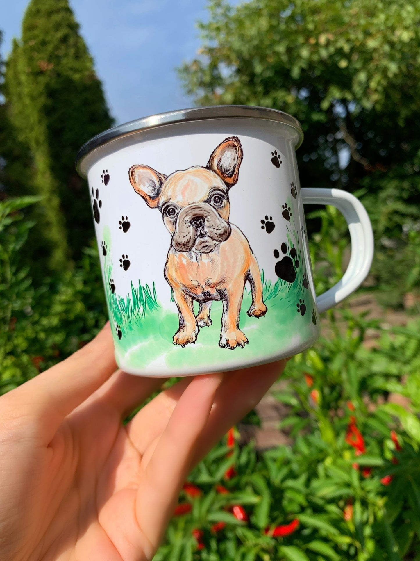 French Bulldog mug - Barna Francia Bulldog bögre - Álló & Fekvő Bulldog Mintával - Fém