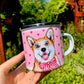 Corgi kutya fém bögre - Kézzel festett Corgi kutya és rózsaszín szív mintákkal