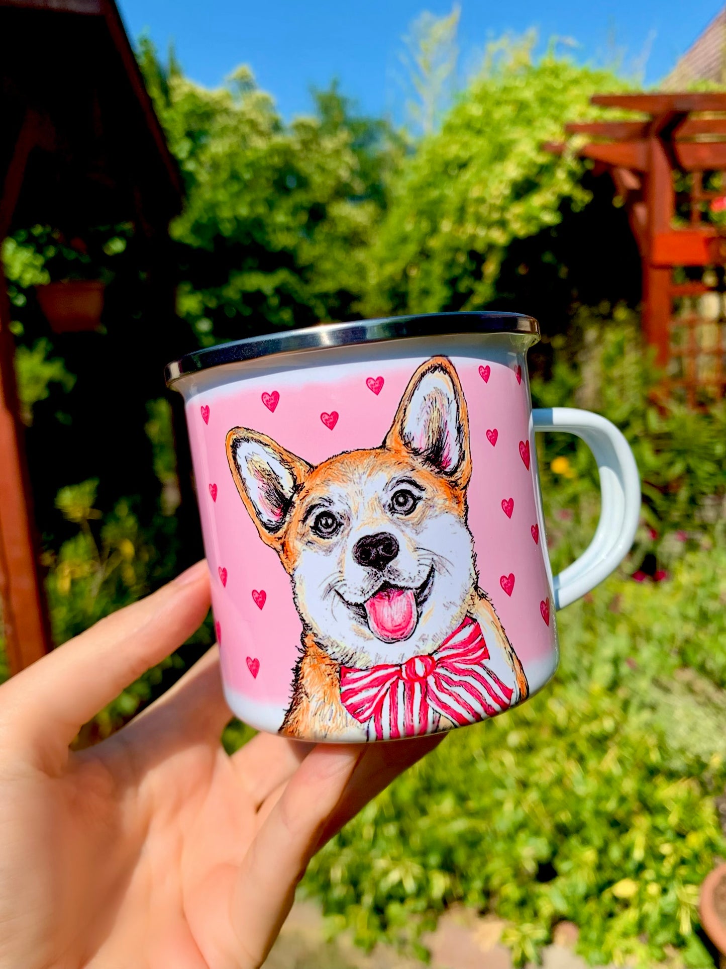 Corgi kutya fém bögre - Kézzel festett Corgi kutya és rózsaszín szív mintákkal