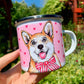 Corgi kutya fém bögre - Kézzel festett Corgi kutya és rózsaszín szív mintákkal