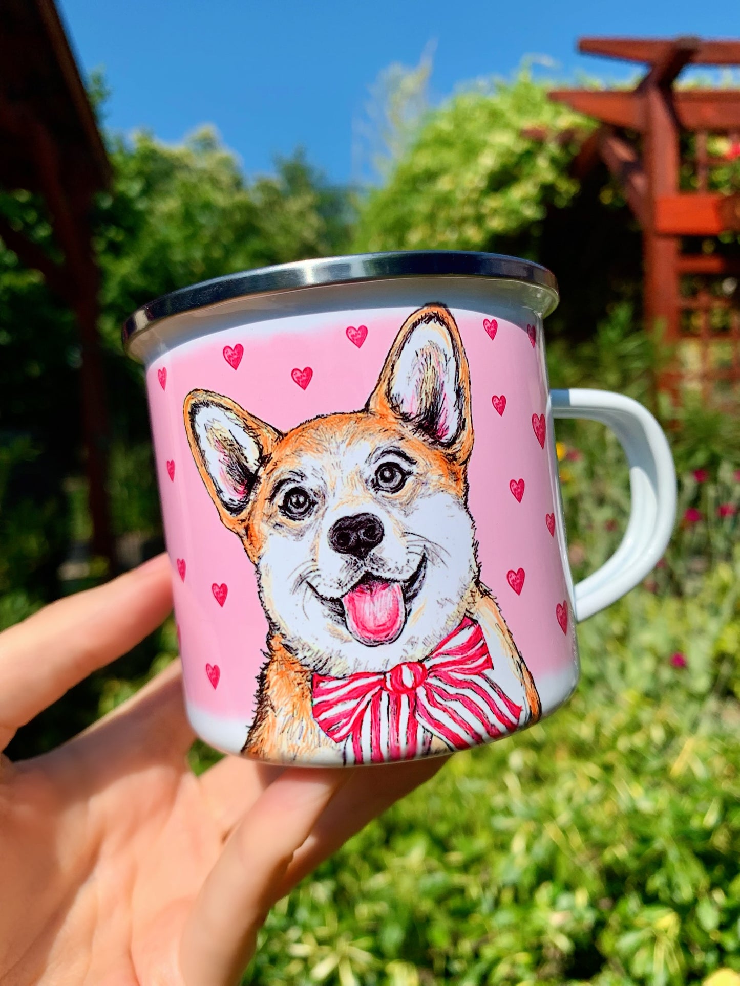 Corgi kutya fém bögre - Kézzel festett Corgi kutya és rózsaszín szív mintákkal