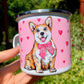 Corgi kutya fém bögre - Kézzel festett Corgi kutya és rózsaszín szív mintákkal