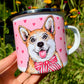 Corgi kutya fém bögre - Kézzel festett Corgi kutya és rózsaszín szív mintákkal