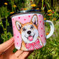 Corgi kutya fém bögre - Kézzel festett Corgi kutya és rózsaszín szív mintákkal