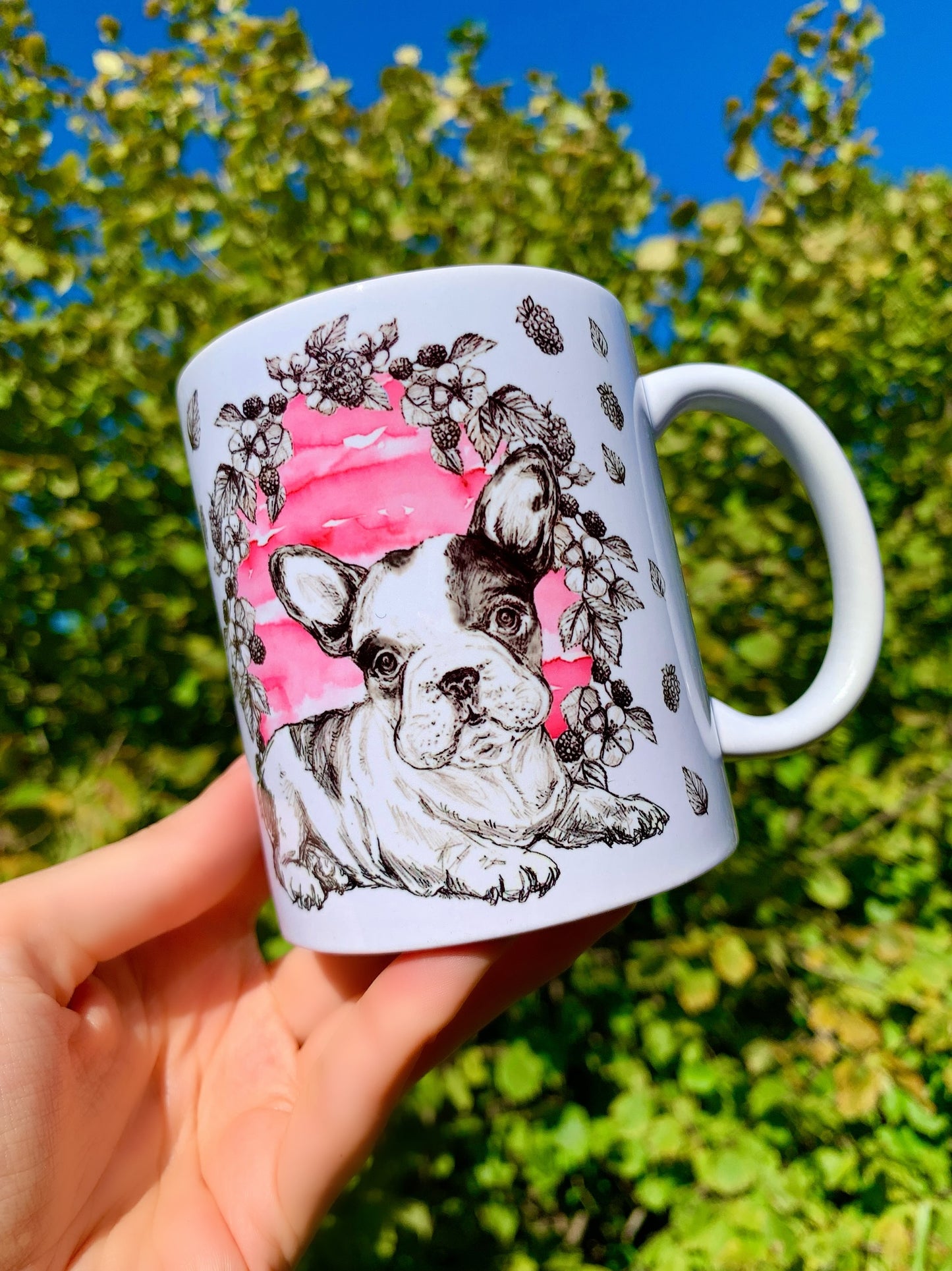 French Bulldog mug - Francia Bulldog bögre - Rózsaszín gyümölcsös mintával