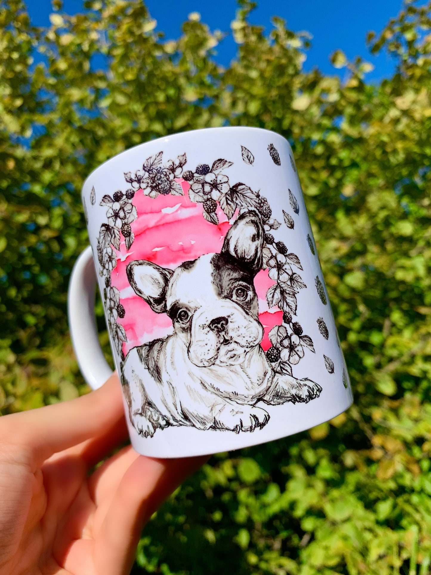 French Bulldog mug - Francia Bulldog bögre - Rózsaszín gyümölcsös mintával