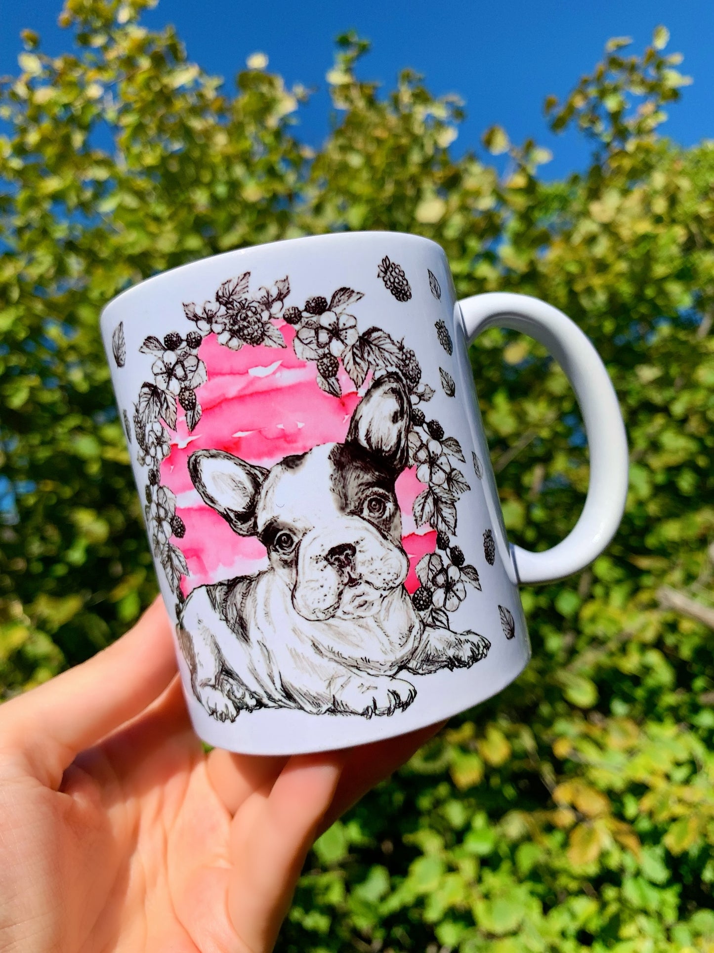 French Bulldog mug - Francia Bulldog bögre - Rózsaszín gyümölcsös mintával