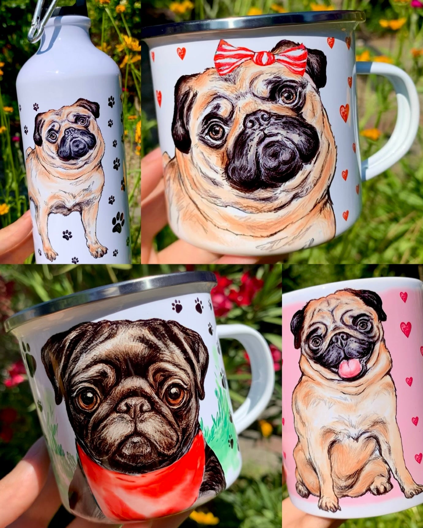 Mopsz kutyás ajándékkollekció fekete, zsemleszínű és világosbarna mopsz mintákkal – bögre, vászontáska, kulacs. Mopsz kollekciónk – többféle színű kutyaminta, kendős és masnis változatban is