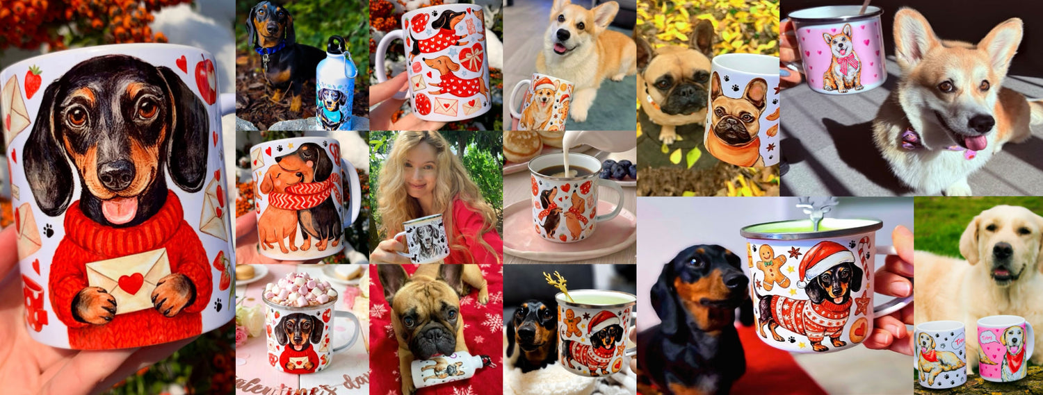 Prémium kutyás ajándékok gazdiknak, Pusztai Judit iparművésztől. Kézzel festett tacskós bögre,  Corgi bögre, Francia bulldog bögre és sok más kutya mintás bögre kézzel rajzolt grafikával – egyedi kutyás ajándéktárgyak kollekciófotó