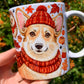 Őszi kutyás bögre sapkás Corgi portréval, színes falevelekkel és kézzel festett mintával
