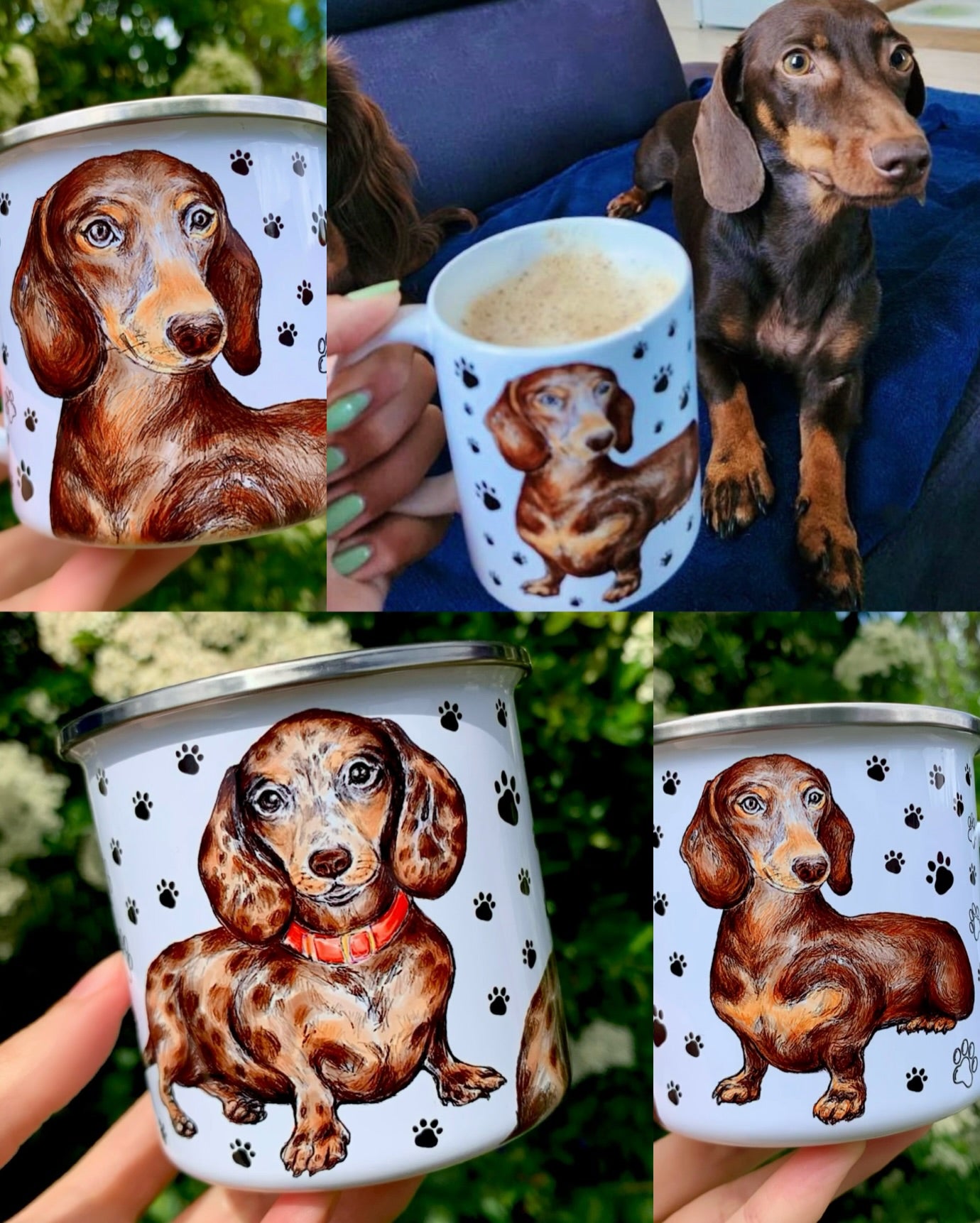 Egyedi kézműves csokibarna tacskós kerámia bögre, mosolygó kutyaportréval, fánkokkal és fekete mancsnyomokkal, prémium minőségben készítve.