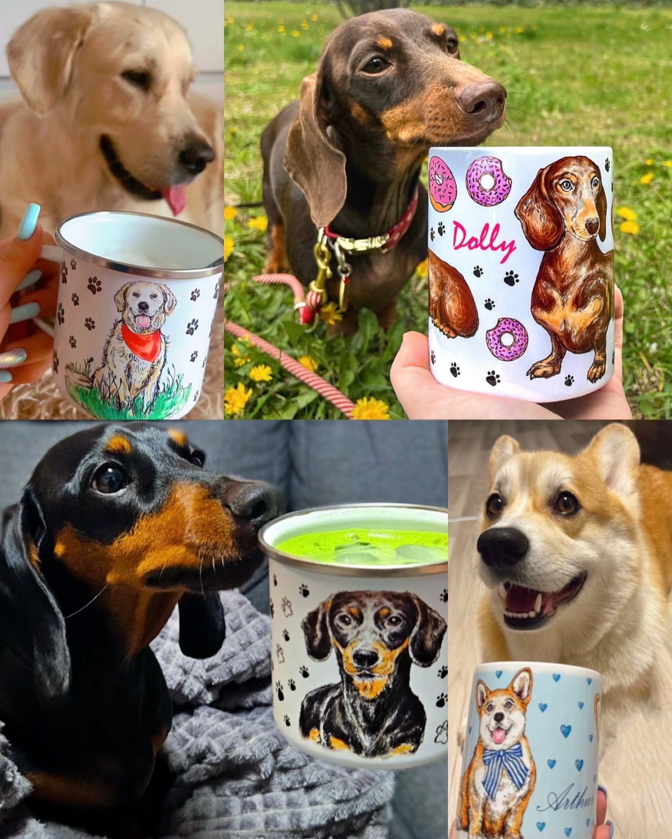 Legjobb ajándékok kutyásoknak, tacskó gazdiknak.  kézzel festett csokibarna tacskós bögre és fekete mancsnyomok díszítenek – tökéletes ajándék tacskóbarátoknak.