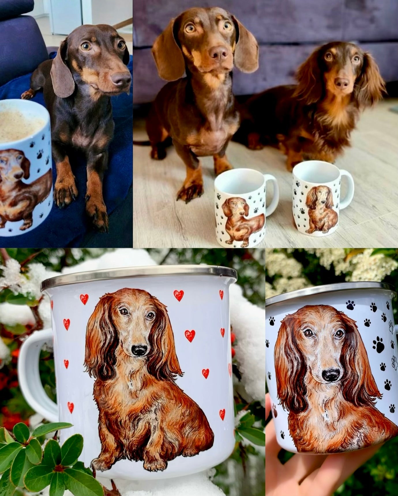 Tacskó mintás fém bögrék, egyedi kézzel festett hosszúszőrű tacskó mintával, legjobb ajándék gazdiknak