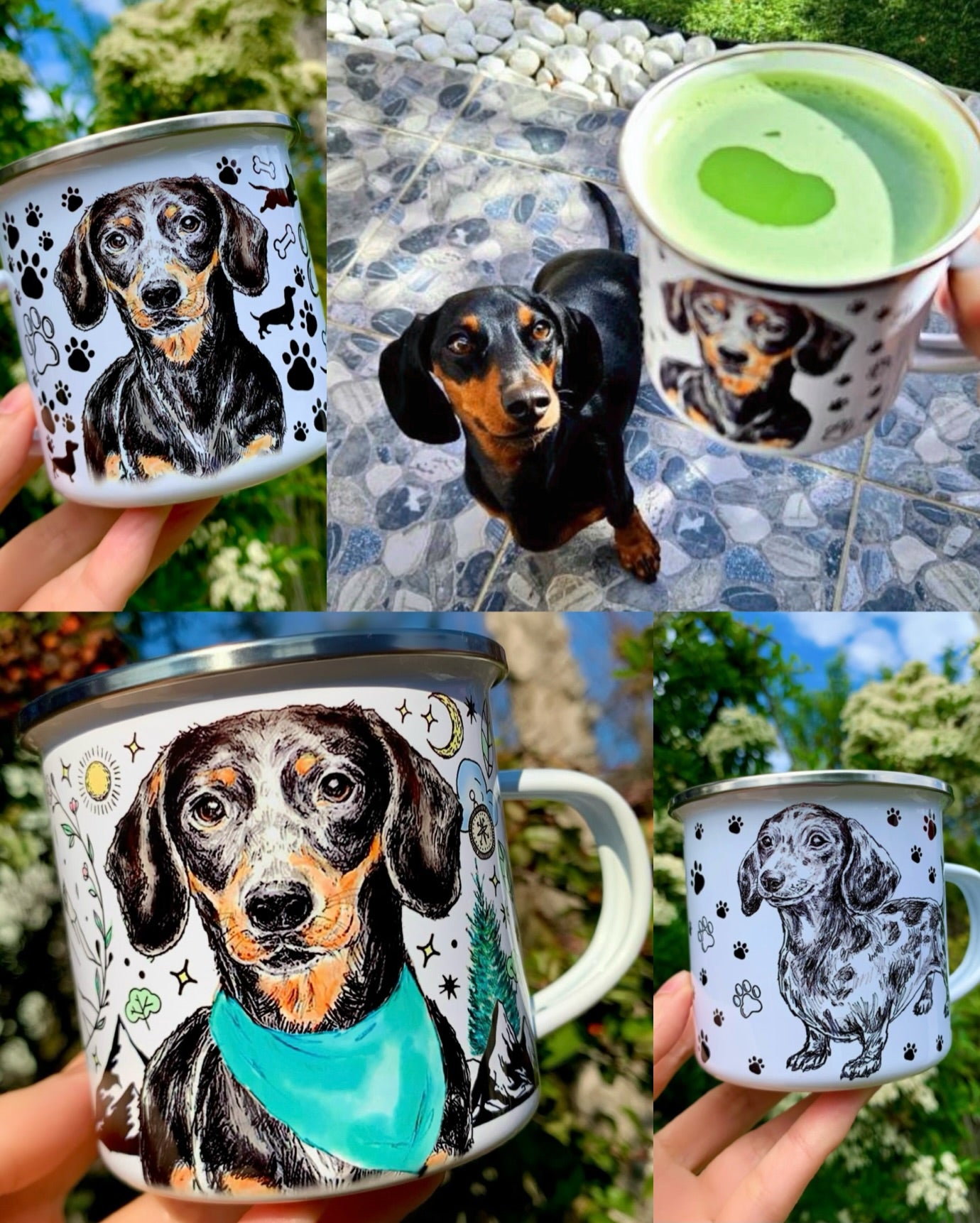 Legszebb tacskó mintás bögrék! Egyedi kutyás fém bögre – kézzel készült grafit merle tacskó illusztrációval és játékos mancsnyom mintázattal.