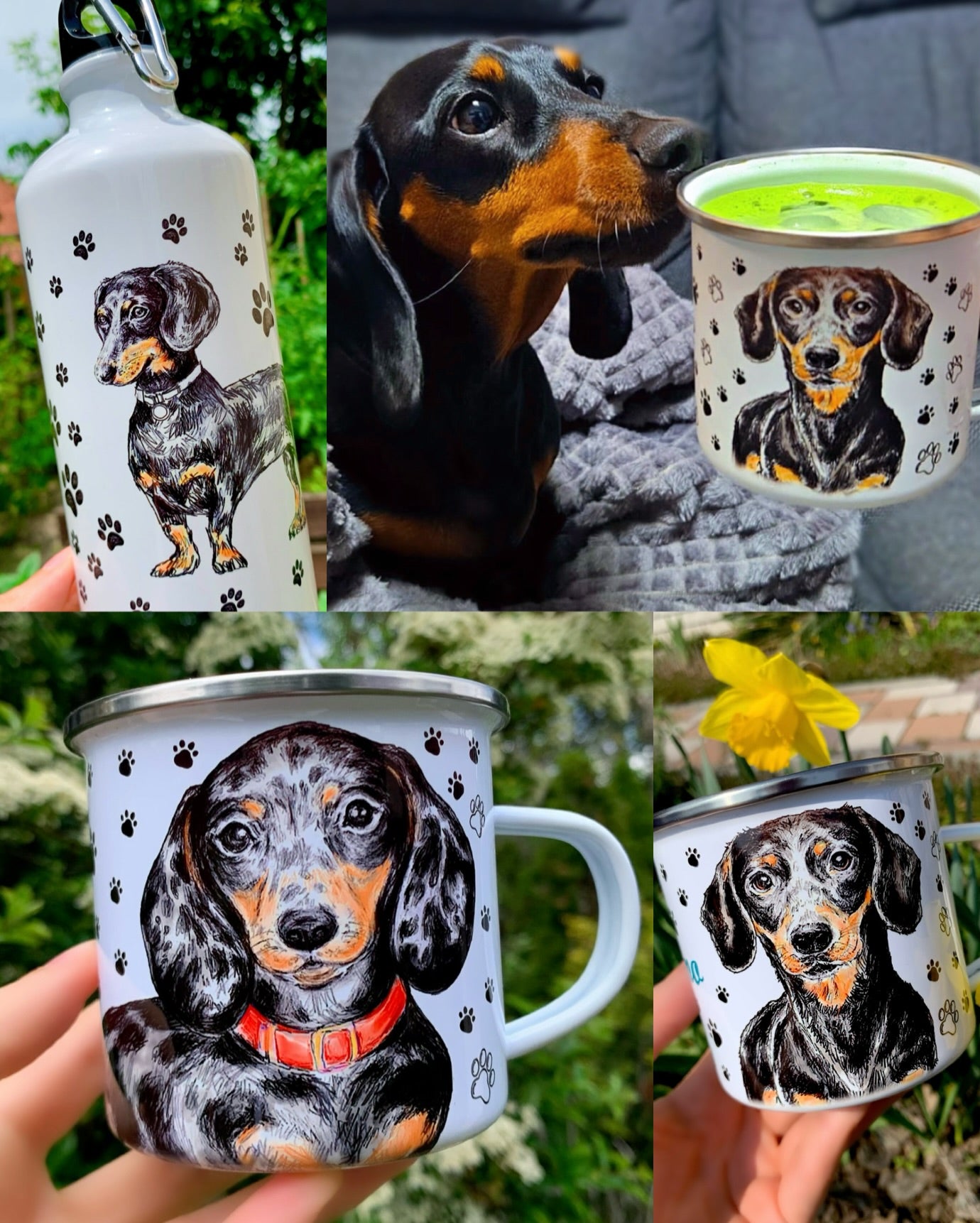 Legszebb kézzel festett tacskós ajándékok – bögrék, kulacsok, táskák cser, csoki, merle, szálkásszőrű mintákkal, prémium kivitelben.