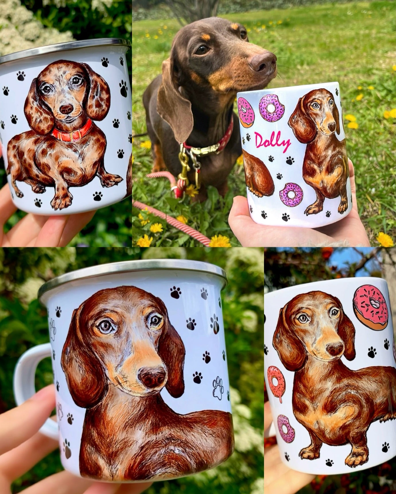 Tacskó ajándék kollekciónk kézzel festett csoki-, cser-, merle- és szálkásszőrű mintákkal, bögréken, kulacsokon, vászontáskákon – prémium, egyedi ajándékok.