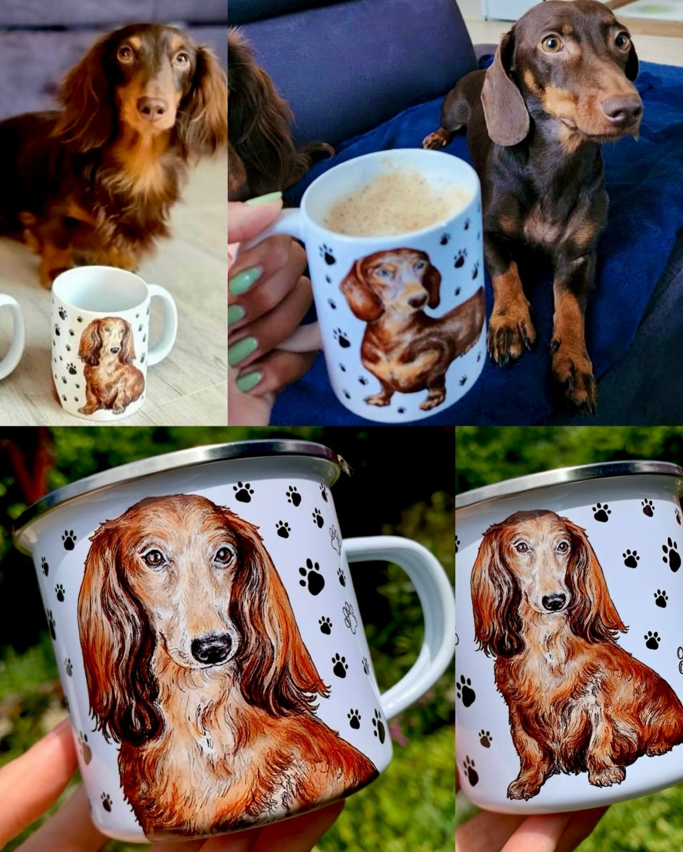 Teljes tacskó kollekció – kézzel festett tacskó portrék változatos színekben, bögrén, kulacson és vászontáskán, prémium minőségben.