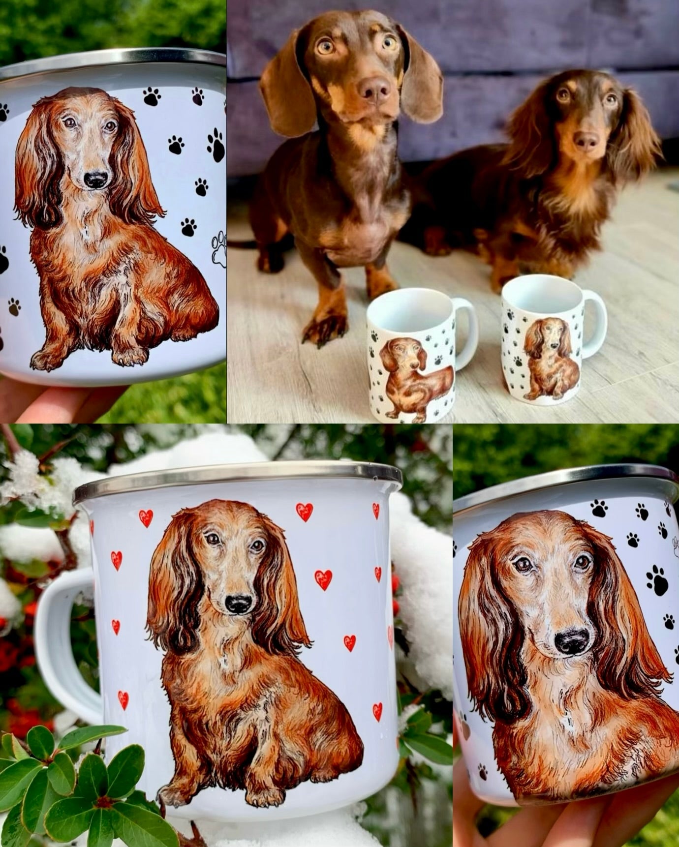 Teljes tacskó kollekció – kézzel festett tacskó portrék bögréken, kulacsokon és vászontáskákon, prémium minőségben, szív- és mancs mintákkal.