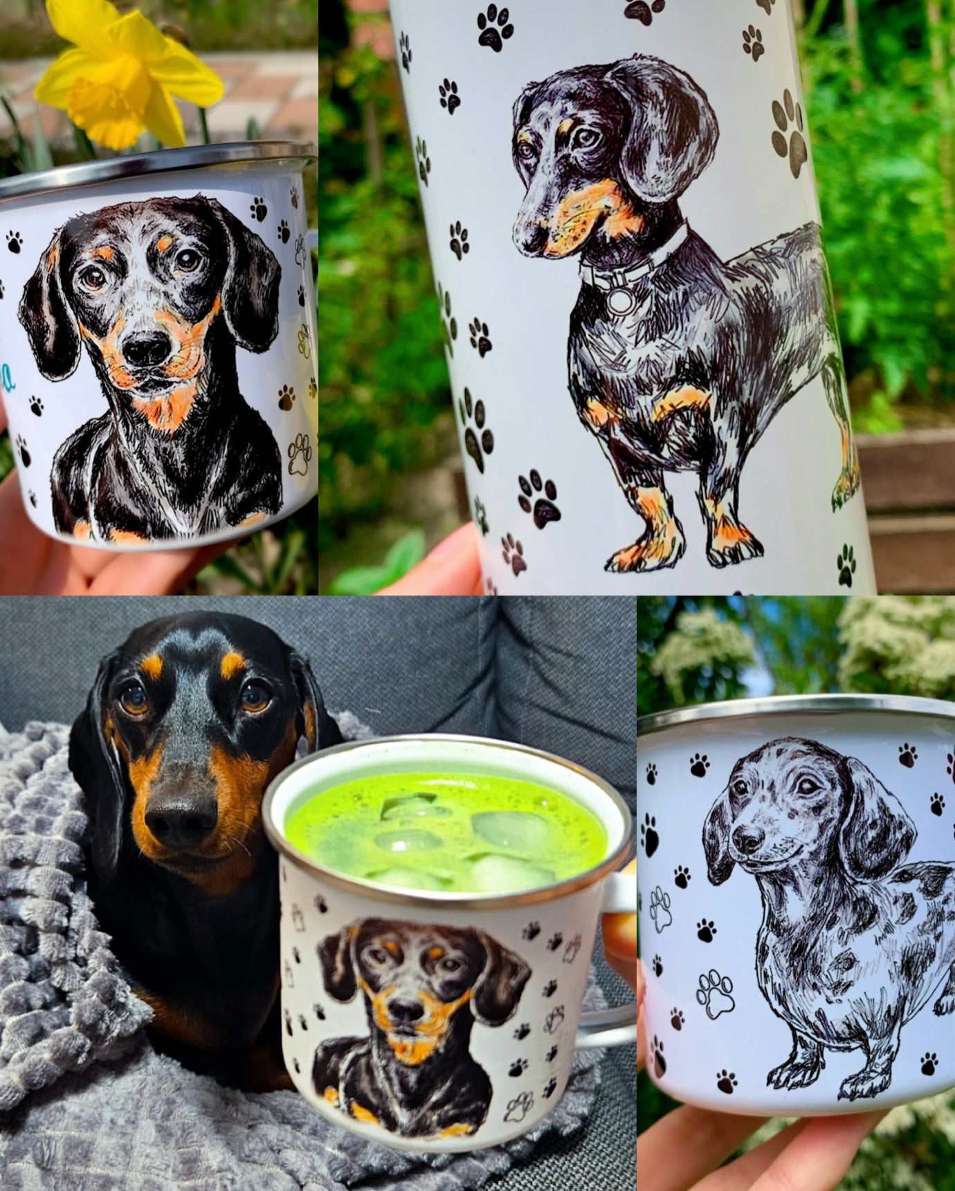 Tacskós kollekció – kézzel festett és rajzolt bögrék, kulacsok, vászontáskák, több mint 20 kutyafajta illusztrációjával, magyar kézműves minőségben.