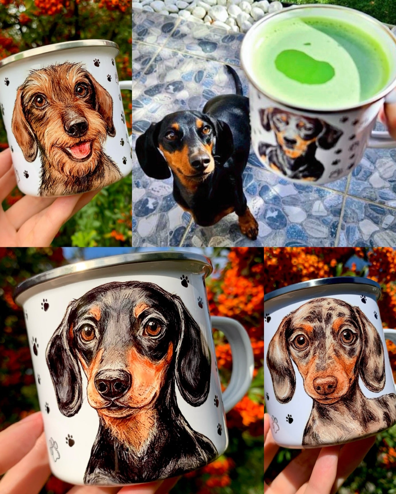 Legszebb prémium tacskós bögrék, egyedi kézzel festett a tacskó mintával. Tacskós fém és kerámia bögre, kulacs tökéletes ajándék kuytabarátoknak